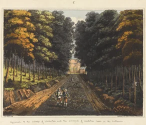 Toegang tot het dorp Waterloo, met de kapel van Waterloo in de verte, uit 